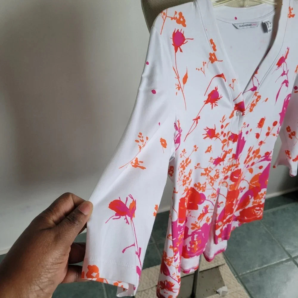Isaac Mizrahi Live! Women's White Orange Floral Peplum Sweater (Size: Medium) - Picture 10 of 14